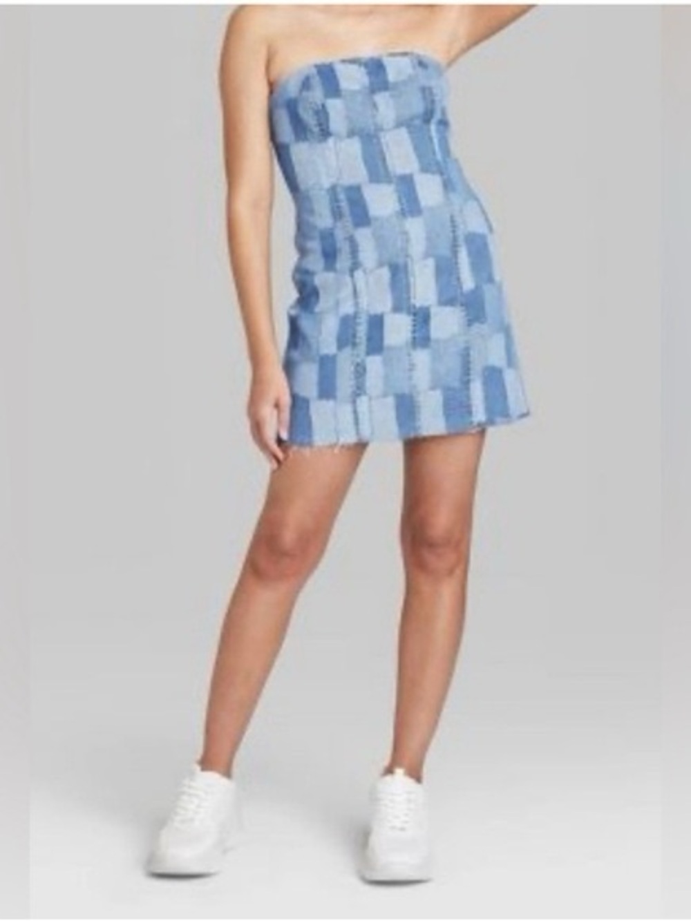Patchwork Denim Light Blue Strapless Mini Dress